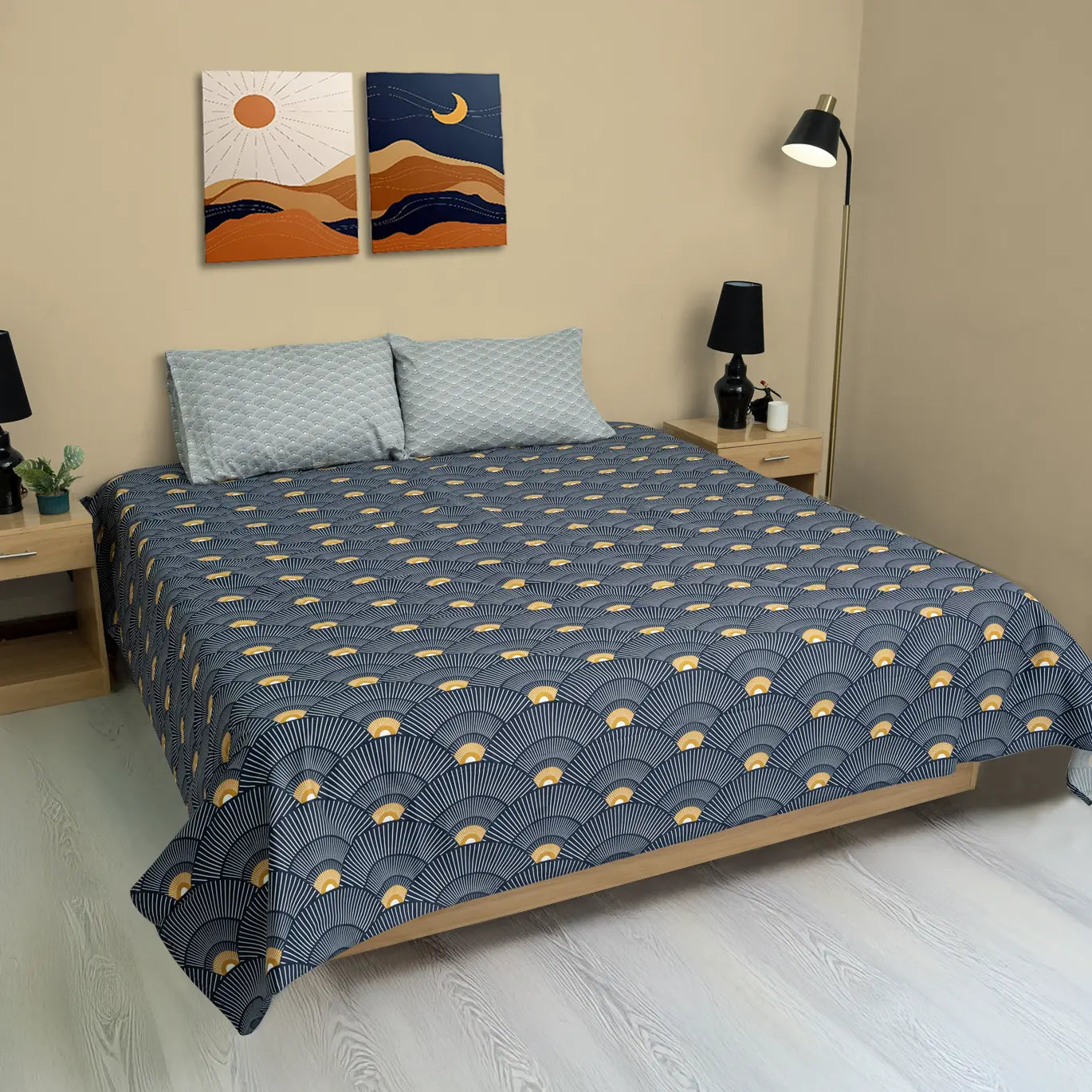 Art Deco Fan Print Cotton Satin bedsheet