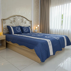 Navy Blue Embroidered Quilted Cotton Bed Sheet Set