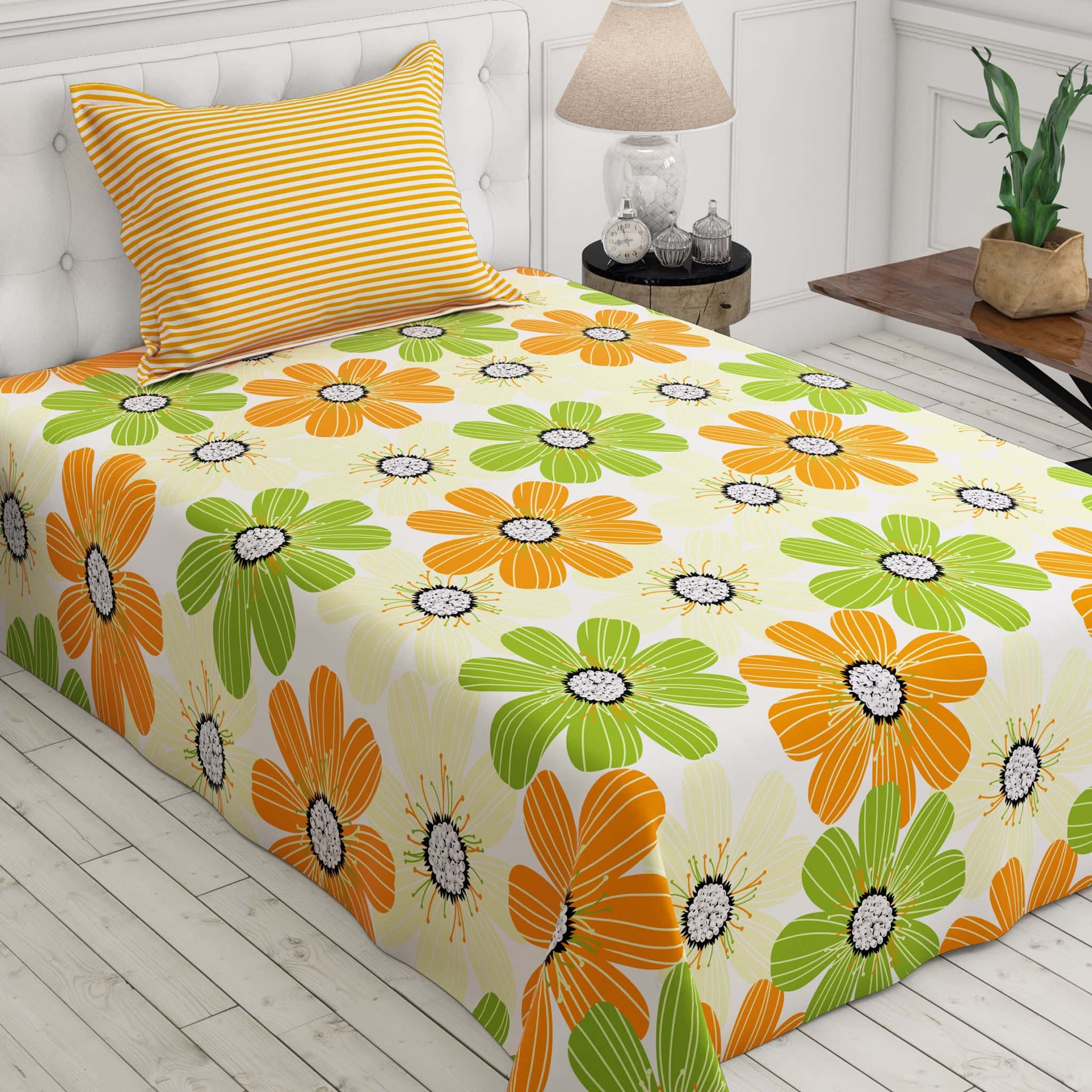 Sateen Bed Sheet Set Floral Yellow Green Orange - 4035