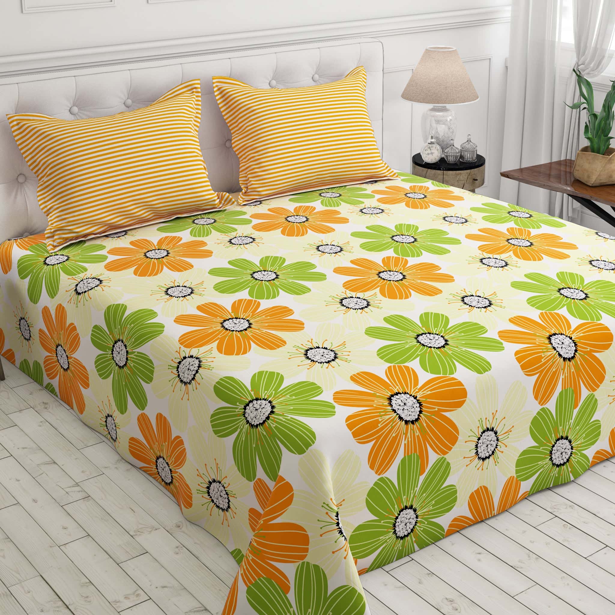 Sateen Bed Sheet Set Floral Yellow Green Orange - 4035