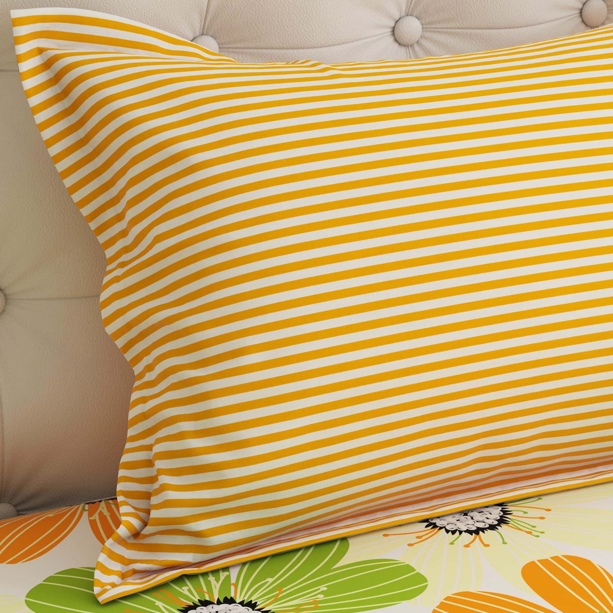 Sateen Bed Sheet Set Floral Yellow Green Orange - 4035