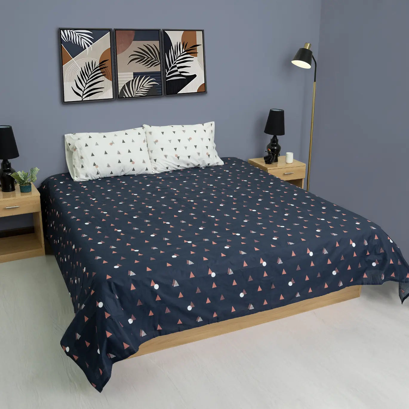 Navy & Coral Geometric Cotton Percale Bedsheet