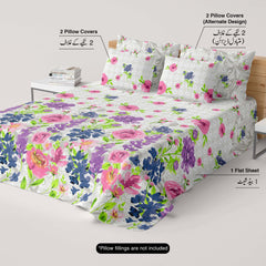 Milky White Floral Sateen Bed Sheet Set - 5789