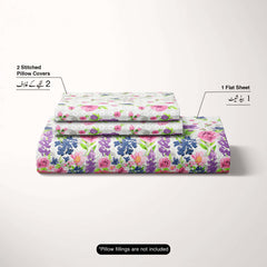 Milky White Floral Sateen Bed Sheet Set - 5789