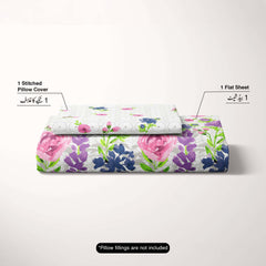 Milky White Floral Sateen Bed Sheet Set - 5789