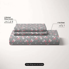 Black White Floral Sateen Bed Sheet Set - 5902
