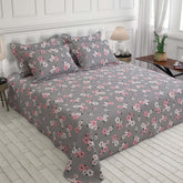 Black White Floral Sateen Bed Sheet Set - 5902