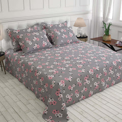 Black White Floral Sateen Bed Sheet Set - 5902