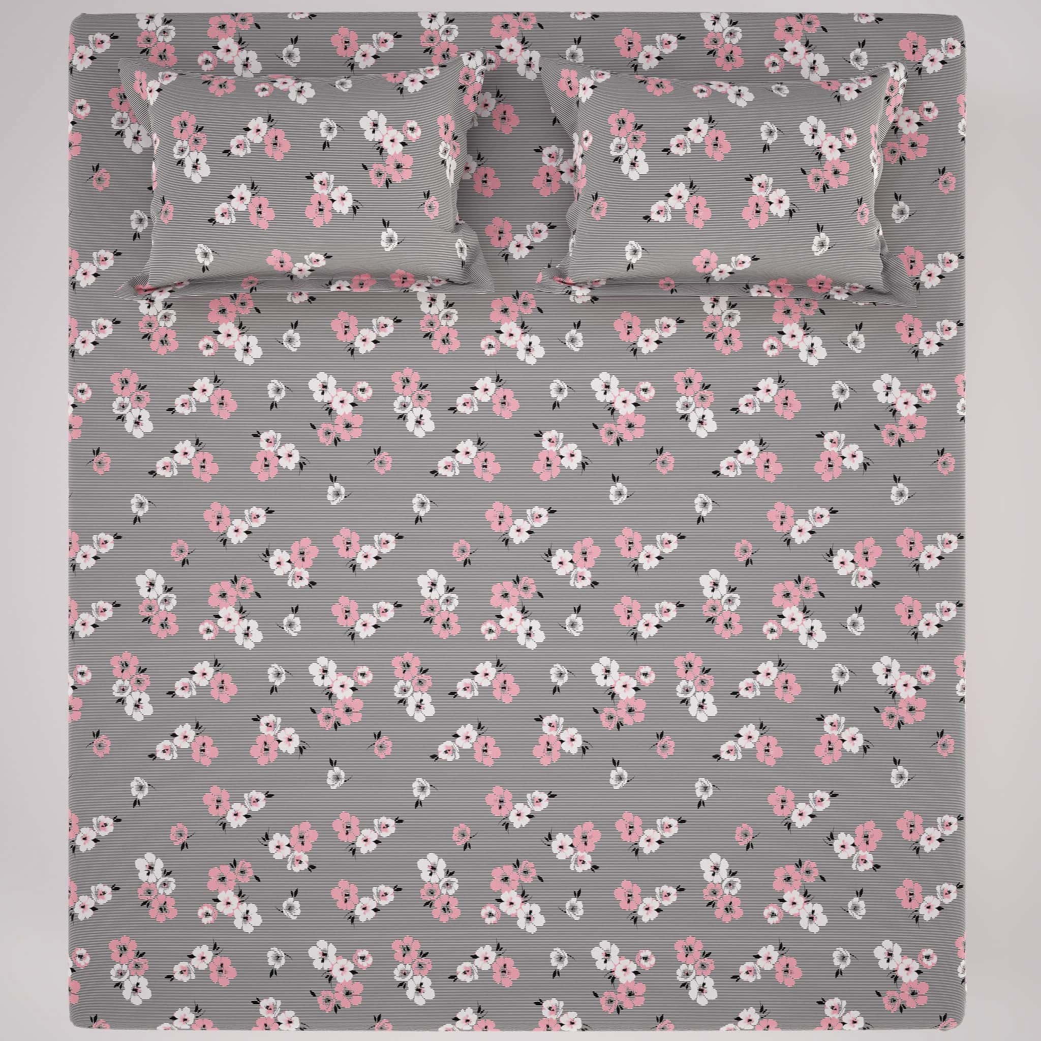 Black White Floral Sateen Bed Sheet Set - 5902