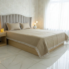 Beige Embroidered Quilted Cotton Bed Sheet Set