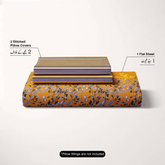 Sateen Yellow Leaf Design Bed Sheet Set - 6999