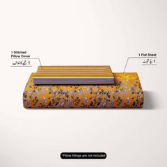 Sateen Yellow Leaf Design Bed Sheet Set - 6999