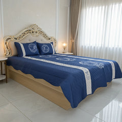 Navy Blue Embroidered Quilted Cotton Bed Sheet Set