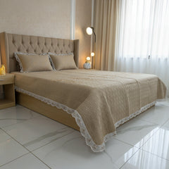 Beige Embroidered Quilted Cotton Bed Sheet Set