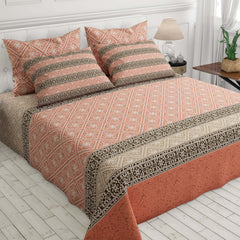 Xara Peach L-Brown Geometric Shapes Bed Sheet Set - 7310-7311