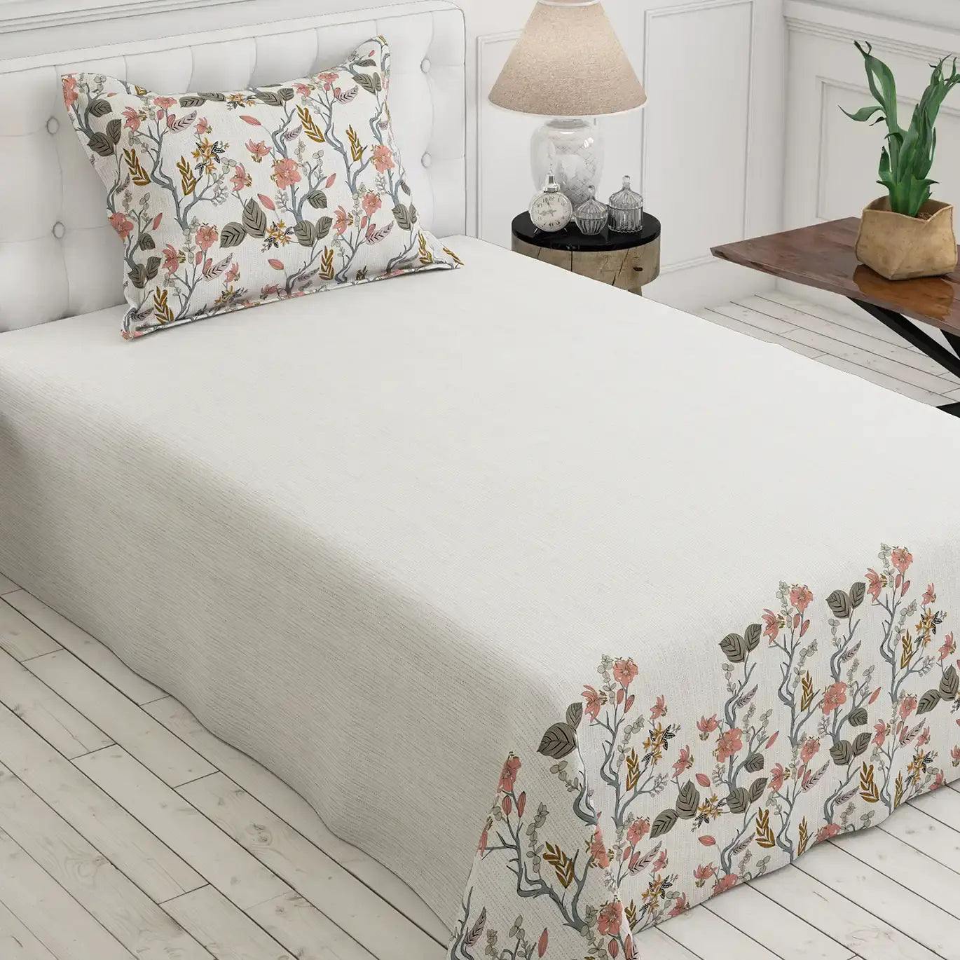 Off white Dot Floral Print Sateen Bed Sheet Set - 7588