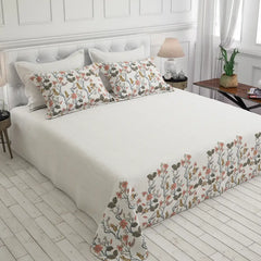 Off white Dot Floral Print Sateen Bed Sheet Set