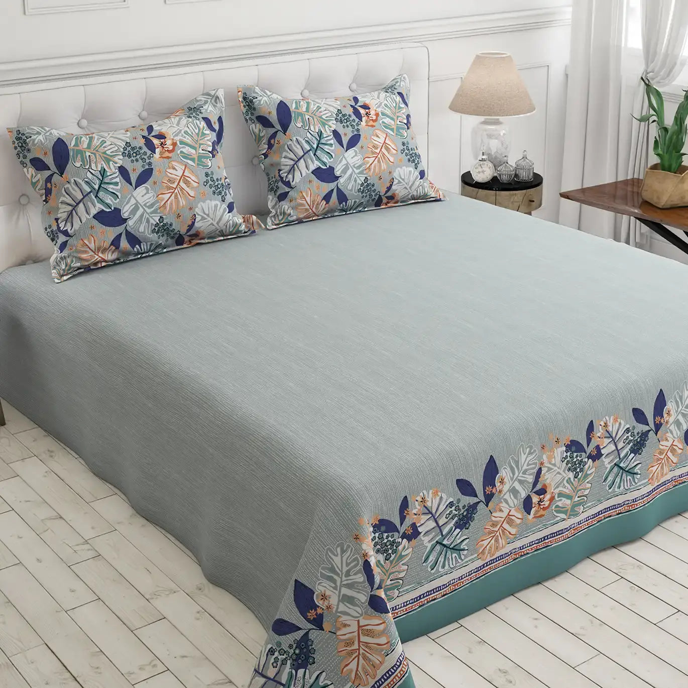 Bluish Grey Leaf Design Bed Sheet Set with Striped Border by Sateen - 7599