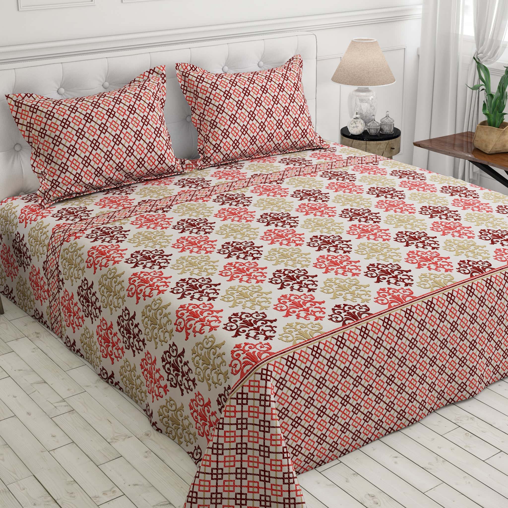 Xara Light Beige Intricate Symmetrical Bed Sheet Set - 7605-7606