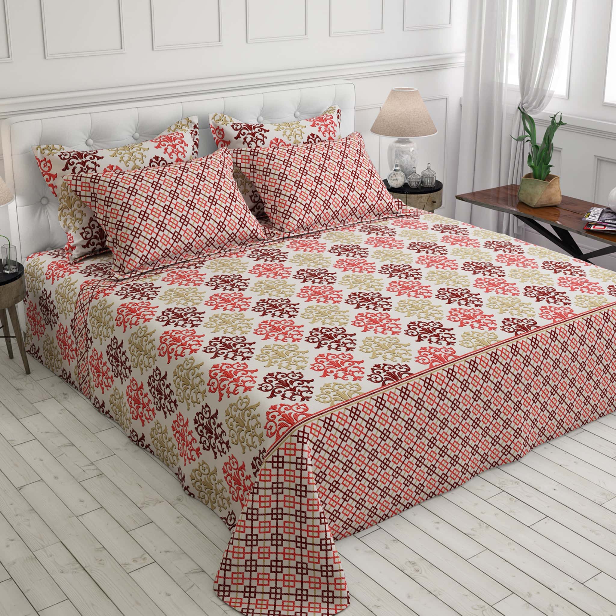 Xara Light Beige Intricate Symmetrical Bed Sheet Set - 7605-7606