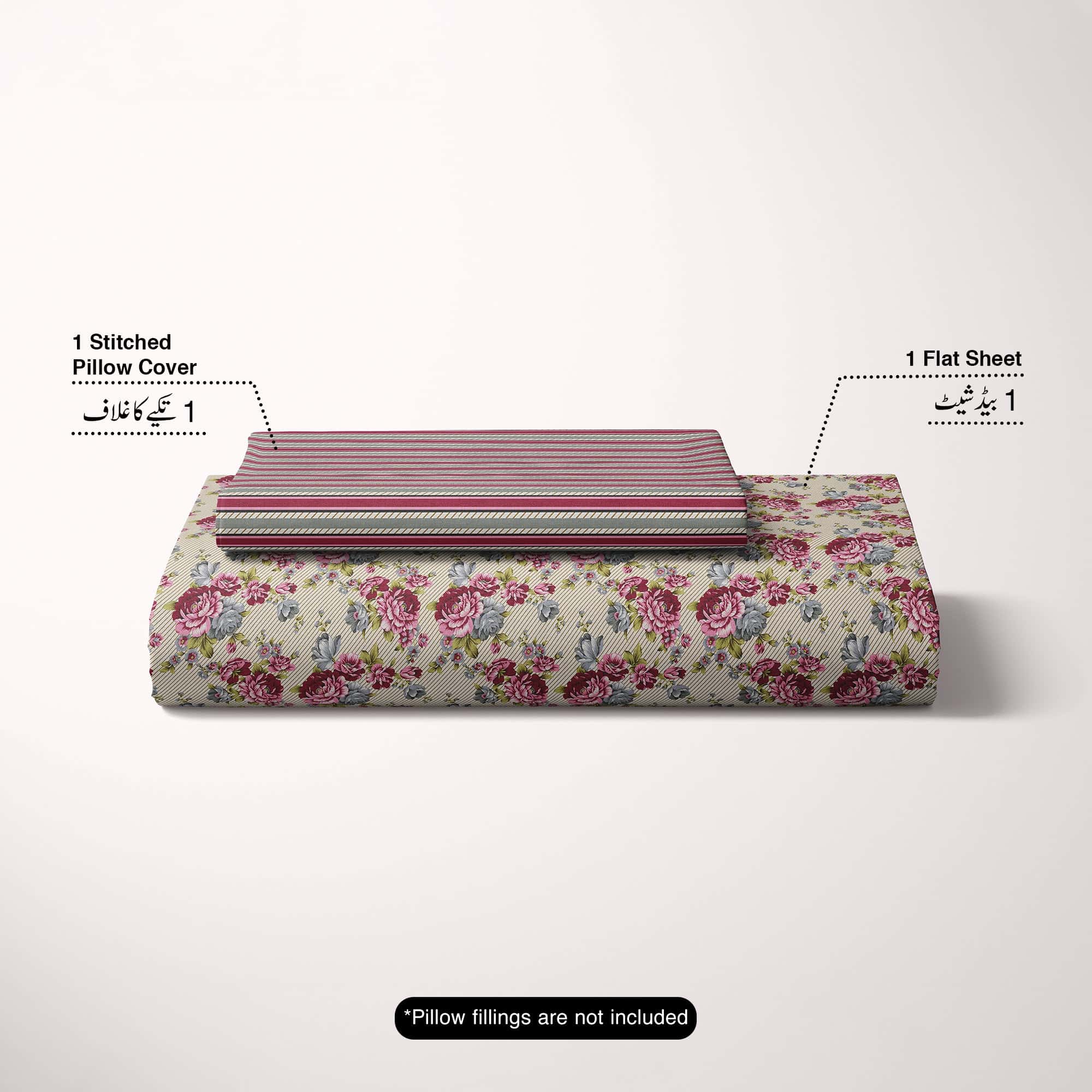 Xara Fawn Pink Floral Stripe Bed Sheet Set - 7677-7678