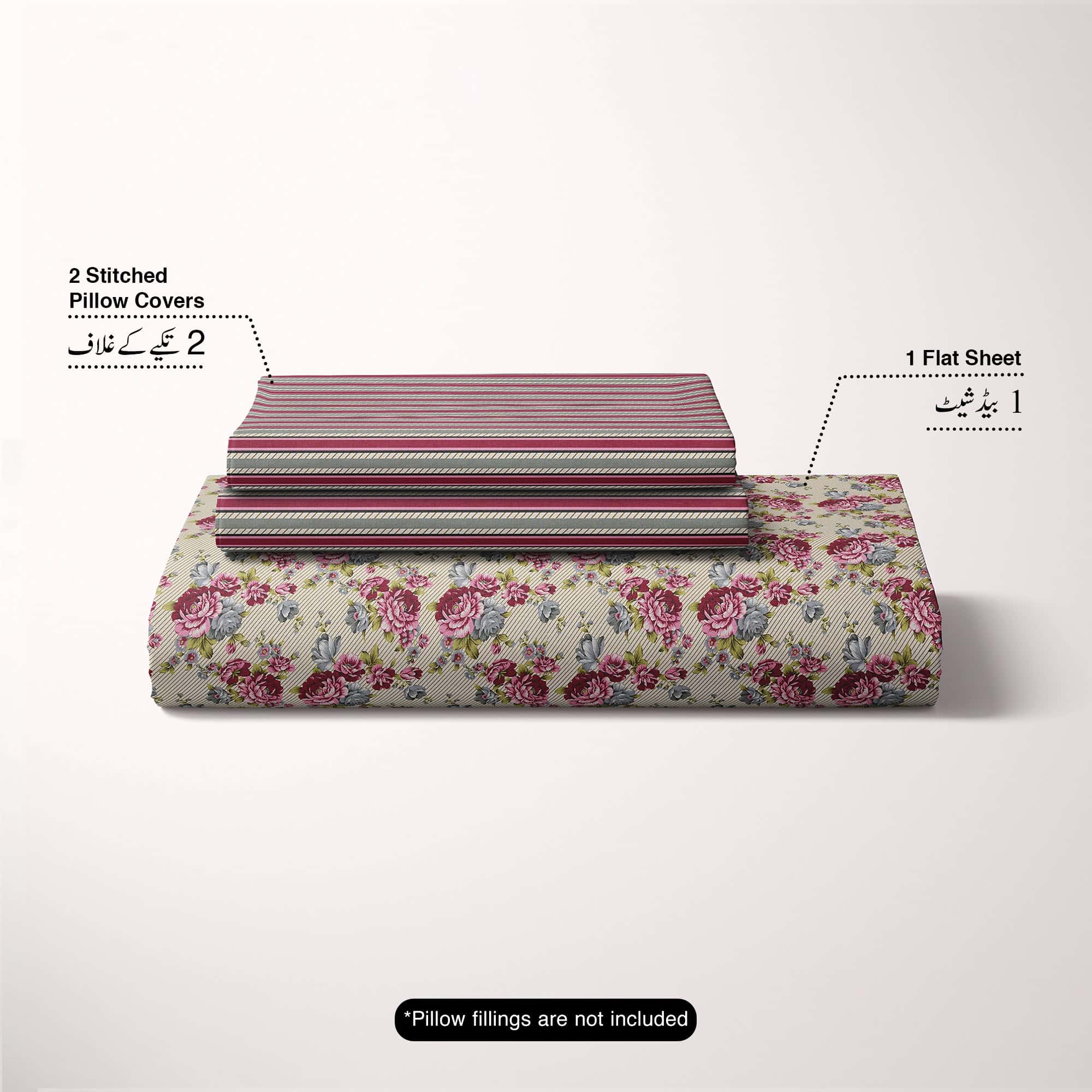 Xara Fawn Pink Floral Stripe Bed Sheet Set - 7677-7678