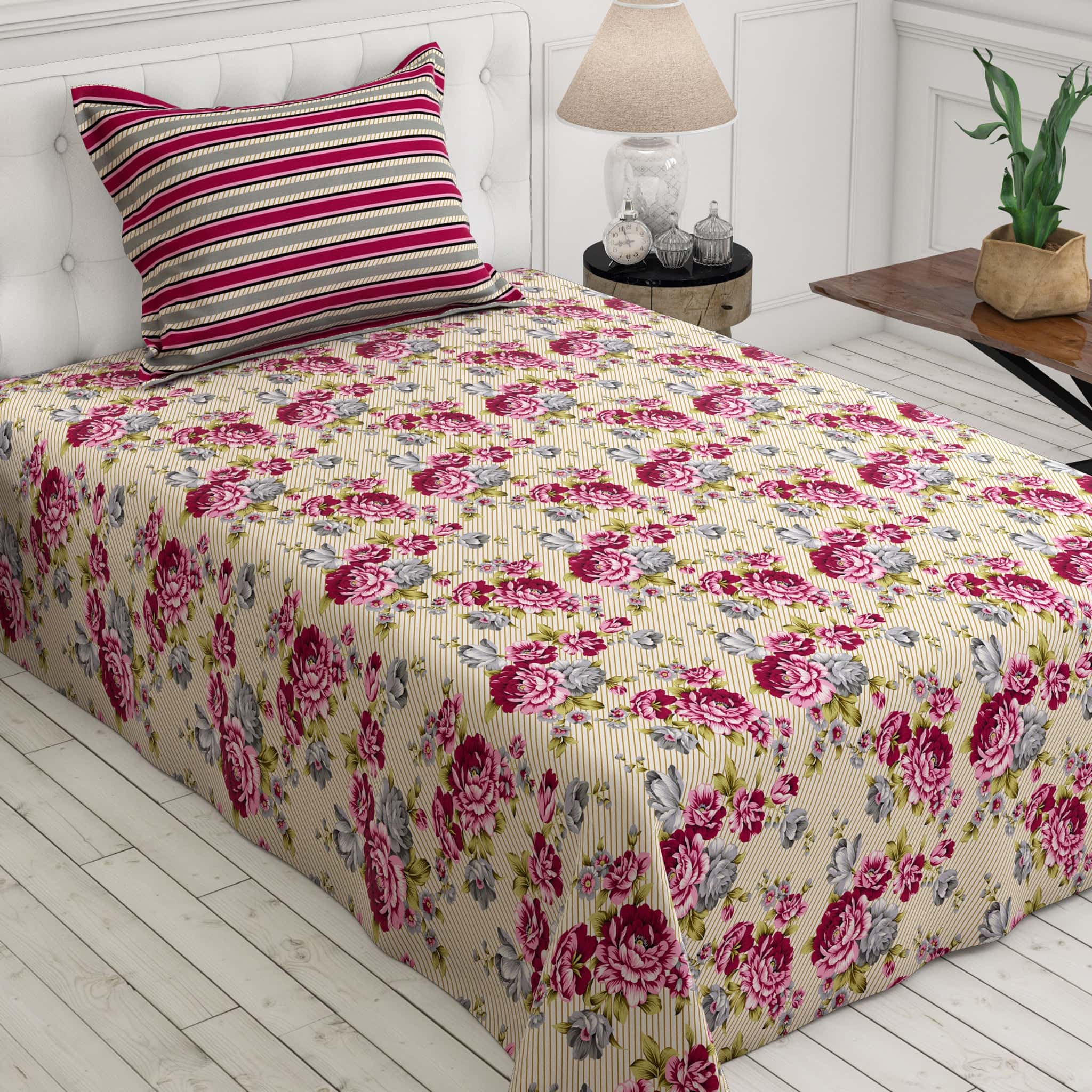Xara Fawn Pink Floral Stripe Bed Sheet Set - 7677-7678