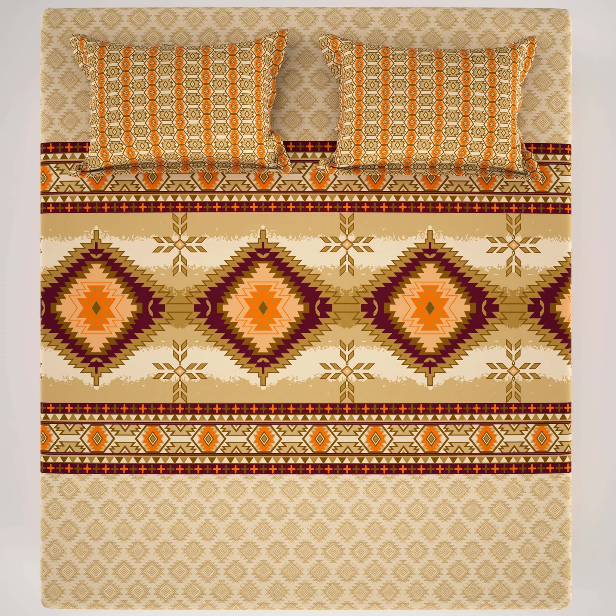 Xara Beige Geometric Grid Bed Sheet Set with Striped Pillows - 7730-7731
