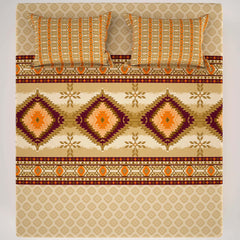 Xara Beige Geometric Grid Bed Sheet Set with Striped Pillows - 7730-7731