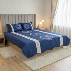 Navy Blue Embroidered Quilted Cotton Bed Sheet Set
