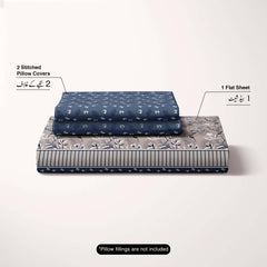 Xara Floral Stripes Bed Sheet Set Grey Blue - 8015-8016