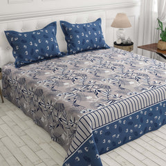 Xara Floral Stripes Bed Sheet Set Grey Blue - 8015-8016