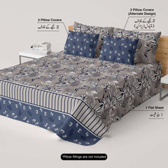 Xara Floral Stripes Bed Sheet Set Grey Blue - 8015-8016