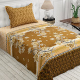 Xara Brown Golden Floral Bed Sheet Set with Geometric Border and Zigzag Pillows