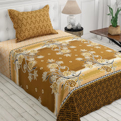 Xara Brown Golden Floral Bed Sheet Set with Geometric Border and Zigzag Pillows