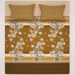 Xara Brown Golden Floral Bed Sheet Set with Geometric Border and Zigzag Pillows