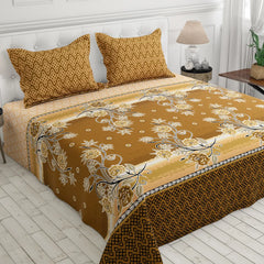 Xara Brown Golden Floral Bed Sheet Set with Geometric Border and Zigzag Pillows