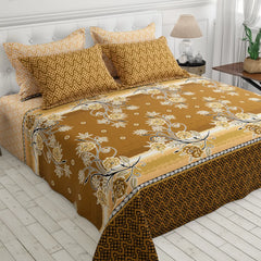 Xara Brown Golden Floral Bed Sheet Set with Geometric Border and Zigzag Pillows
