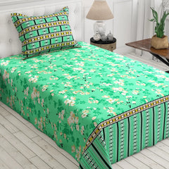 Xara Green Floral Stripe Border Bed Sheet Set - 8103-8104