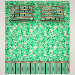 Xara Green Floral Stripe Border Bed Sheet Set - 8103-8104