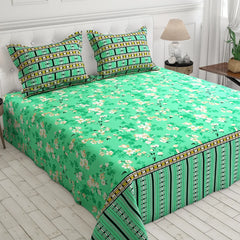 Xara Green Floral Stripe Border Bed Sheet Set - 8103-8104