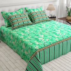 Xara Green Floral Stripe Border Bed Sheet Set - 8103-8104