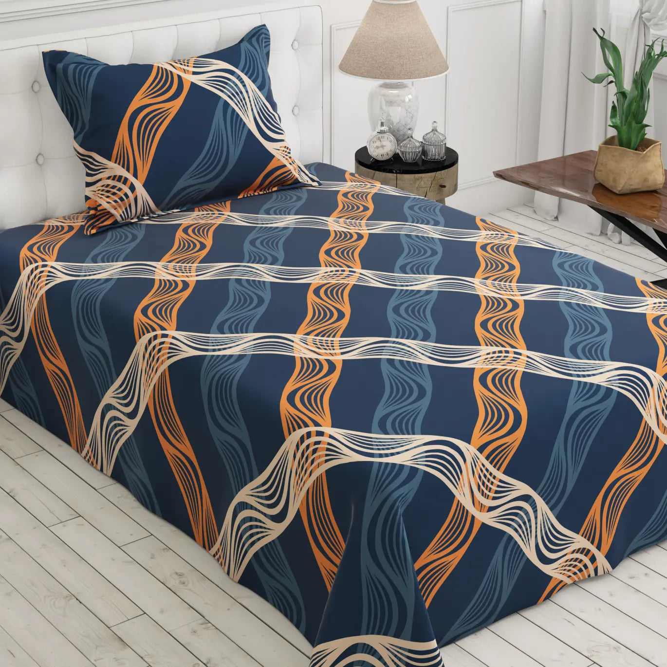 Blue Wavy Stripe Sateen Bed Sheet Set - 8313
