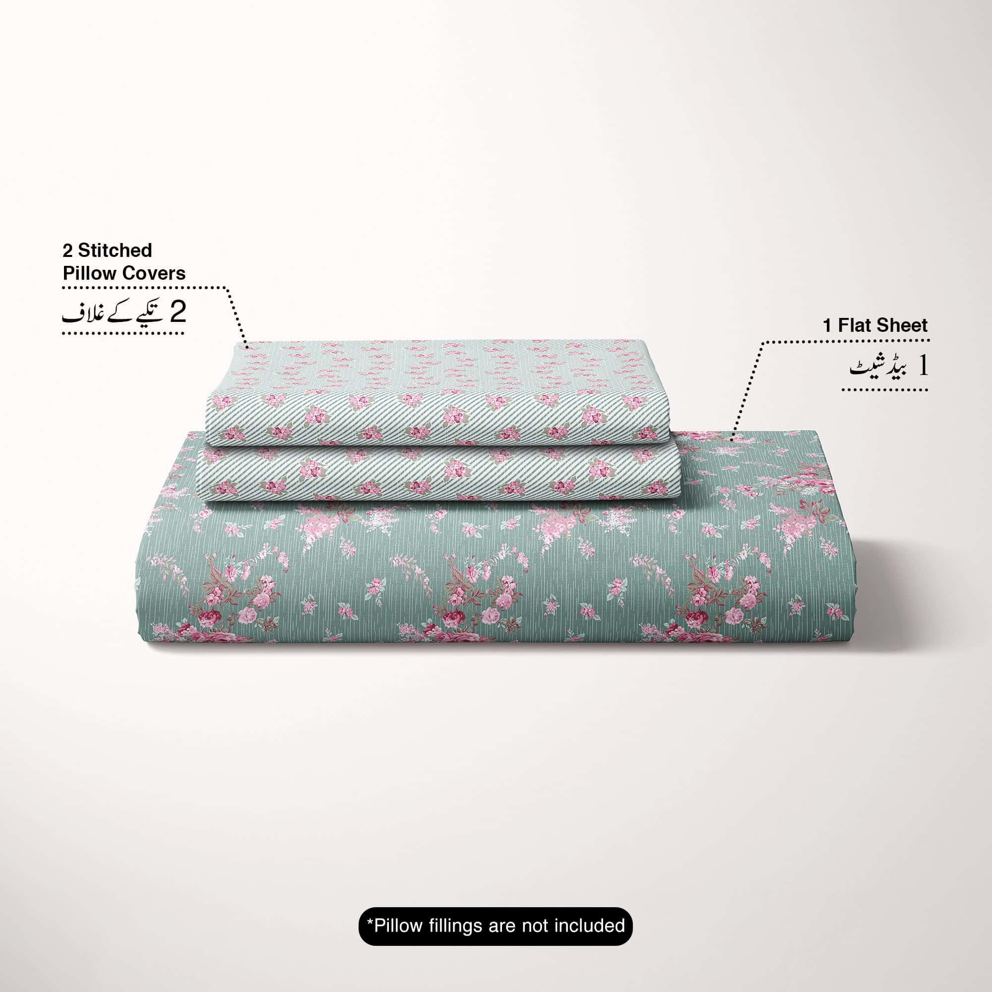 Xara Green Floral Bed Sheet Set with Striped Border - 8448-49