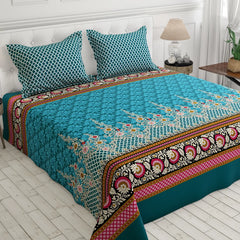 Xara Teal Floral Stripe Bed Sheet Set