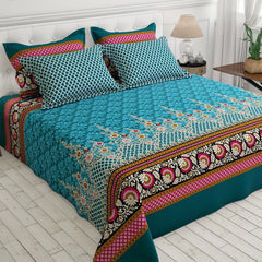Xara Teal Floral Stripe Bed Sheet Set