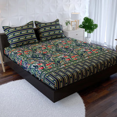 Xara Navy Blue Floral Stripes Fitted Bed Sheet Set