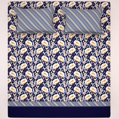 Xara Dark Blue Floral Stripe Border Bed Sheet Set