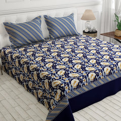 Xara Dark Blue Floral Stripe Border Bed Sheet Set