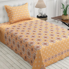 Xara Mustard Yellow Floral Bed Sheet Set with Striped Border